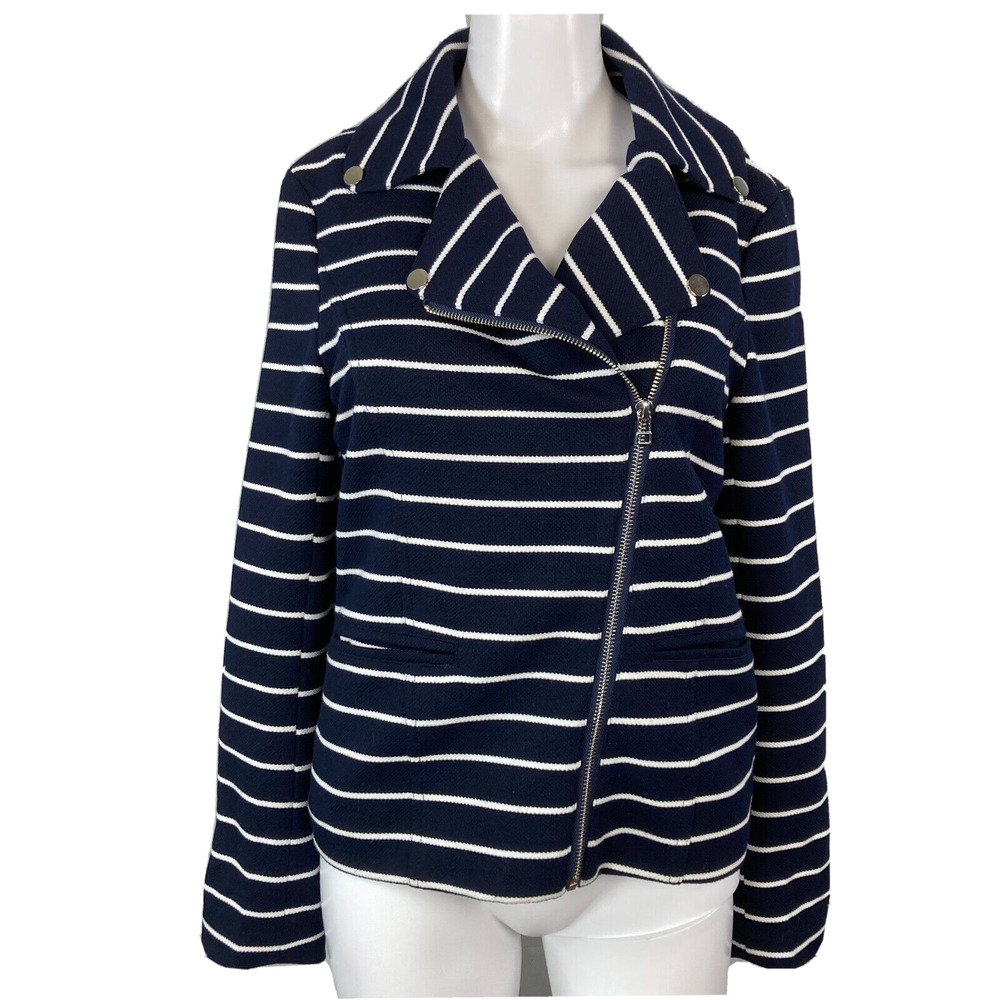 Bagatelle Jacket Blazer Women S Navy Blue White Stripe Knit Stretch Moto Zip Upโ